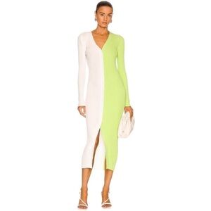 STAUD Shoko Colorblock Knit Dress Lime Green White Size Large Stretch Midi